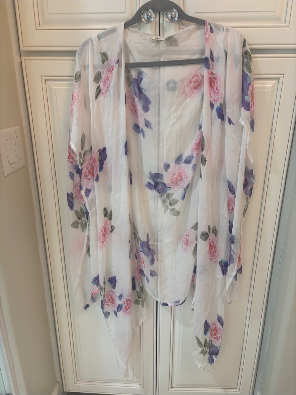 Michael Stars White Sheer Floral wrap with Pink & Purple Roses